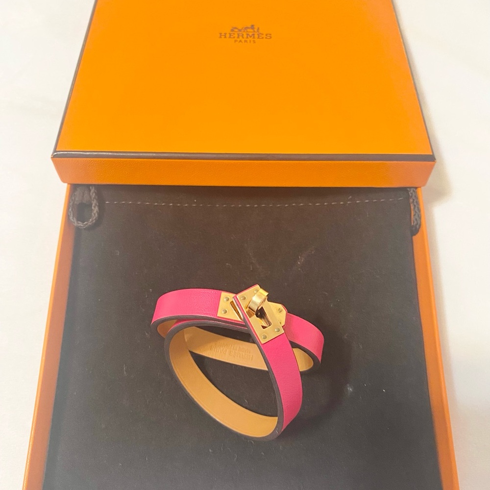 ✅💯 Hermès Pink Leather Bracelet with rose Gold Hardware size T2- S 6.1 inc